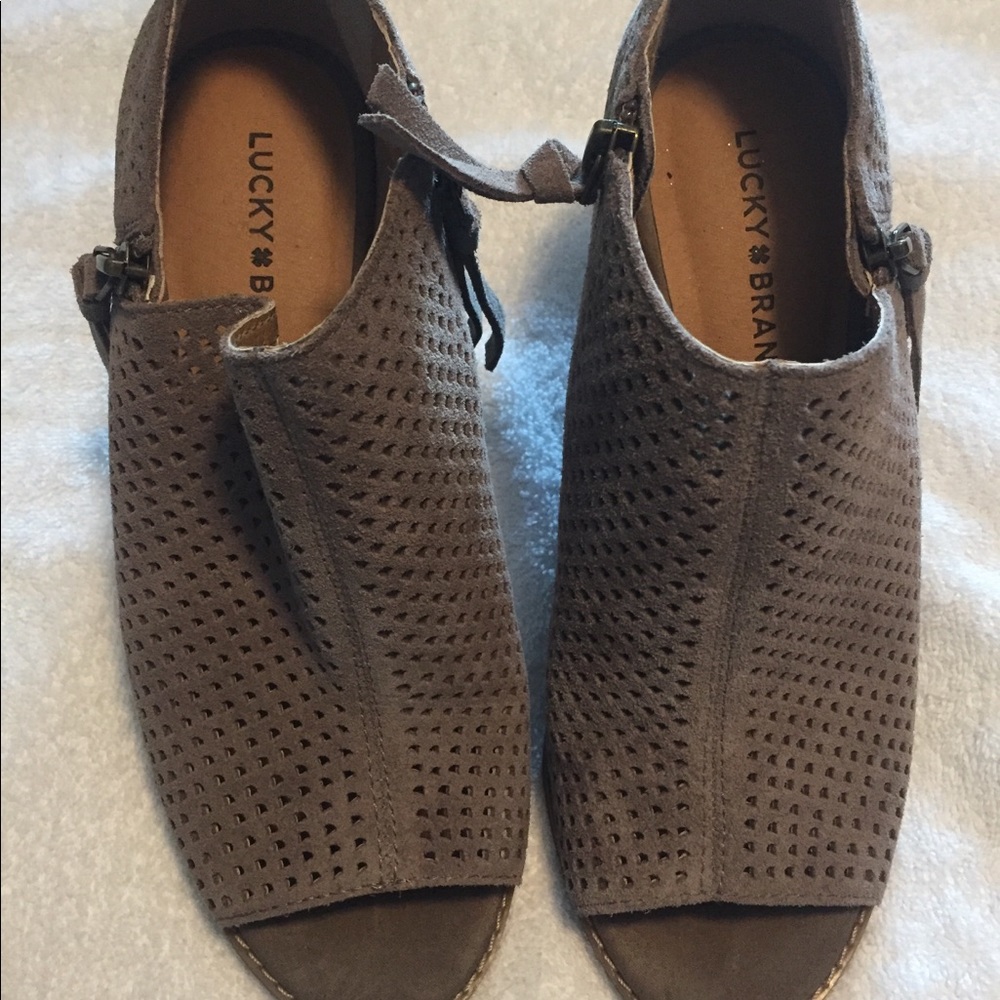 Lucky Brand perforated open toe wedge booties